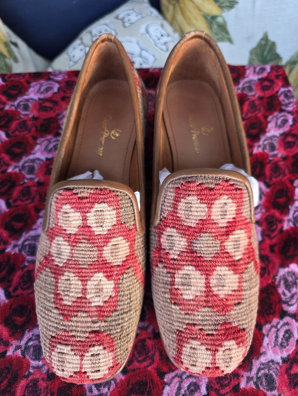 Handmade Vintage Kilim Tapestry Leather Slip On Loafers 39